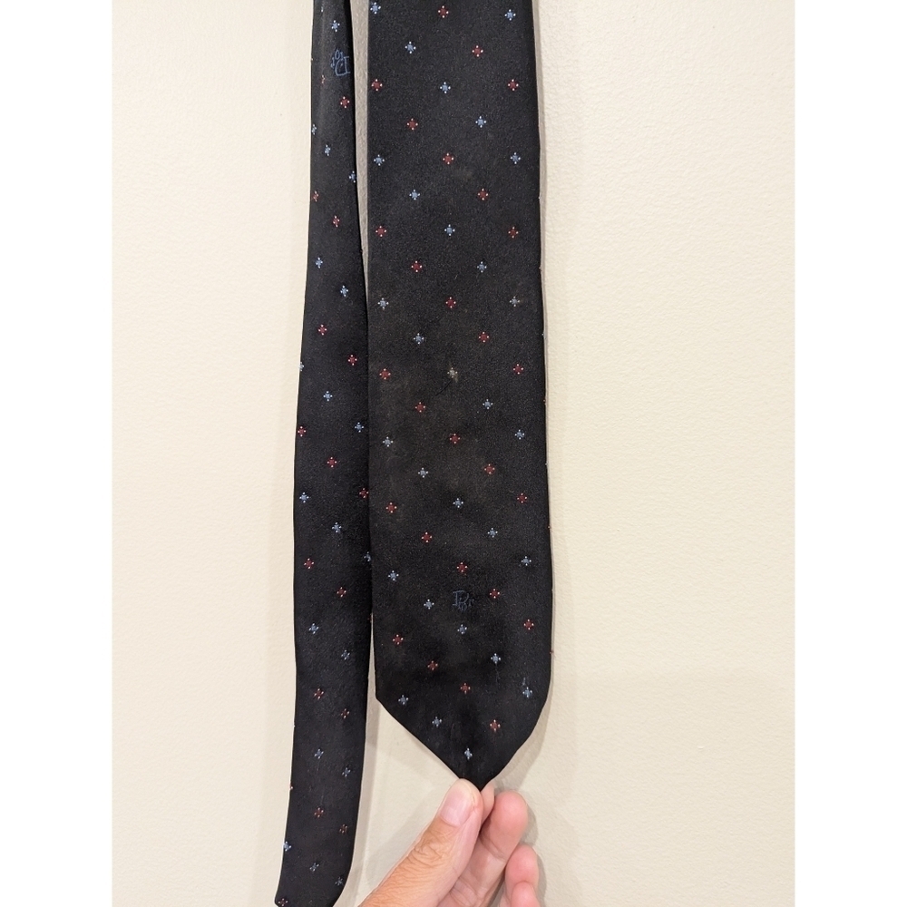 Christian Dior Black Silk Blend Tie with Blue and Red Print - Picture 2 of 5